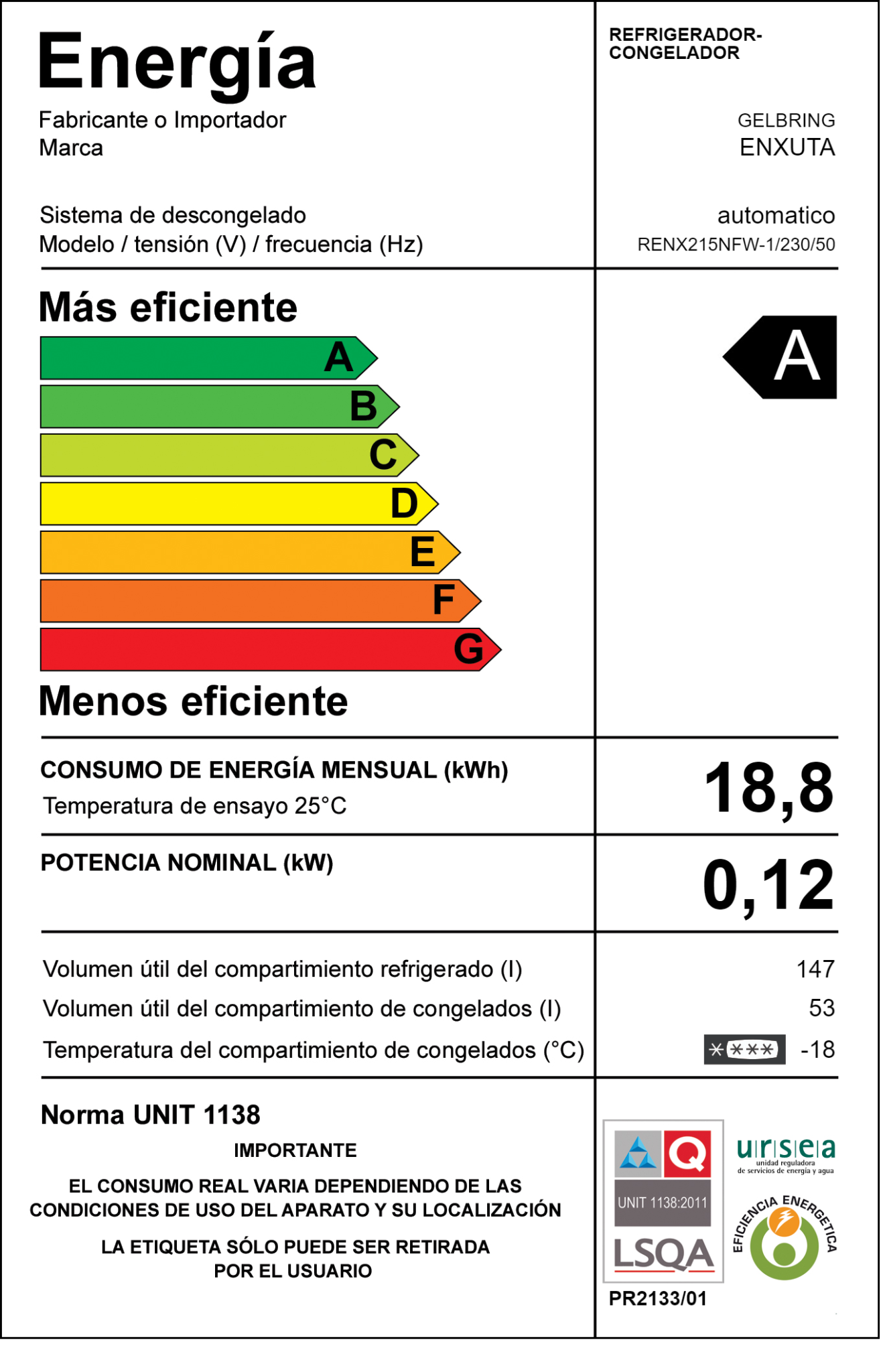 Heladera Enxuta – RENX215NFW-1